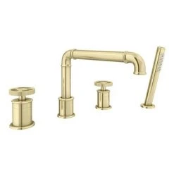 Arezzo Brushed Brass 4TH Industrial Style Deck Mounted Bath Shower Mixer inc. Pull Out Handset -LuxTaps Store AZISBB04 d2 460