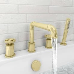 Arezzo Brushed Brass 4TH Industrial Style Deck Mounted Bath Shower Mixer inc. Pull Out Handset