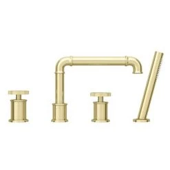 Arezzo Brushed Brass 4TH Industrial Style Deck Mounted Bath Shower Mixer inc. Pull Out Handset -LuxTaps Store AZISBB04 d5 460
