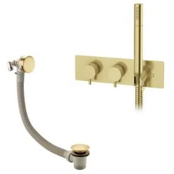Arezzo Brushed Brass Round Concealed Thermostatic Shower Valve w. Handset + Freeflow Bath Filler -LuxTaps Store AZSVHBBF n d5 460