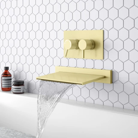 Arezzo Brushed Brass Wall Mounted Slimline Waterfall Bath Filler + Concealed Thermostatic Valve 3 Arezzo Brushed Brass Wall Mounted Slimline Waterfall Bath Filler + Concealed Thermostatic Valve