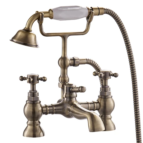 Chatsworth 1928 Antique Brass Crosshead Bath Shower Mixer Tap with Shower Kit 3 Chatsworth 1928 Antique Brass Crosshead Bath Shower Mixer Tap with Shower Kit